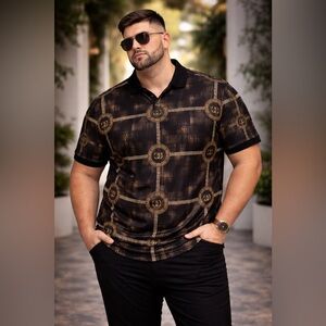 Albertini 3XL Black Gold Baroque Chain Medallion Polo Shirt Designer Stretch NWT